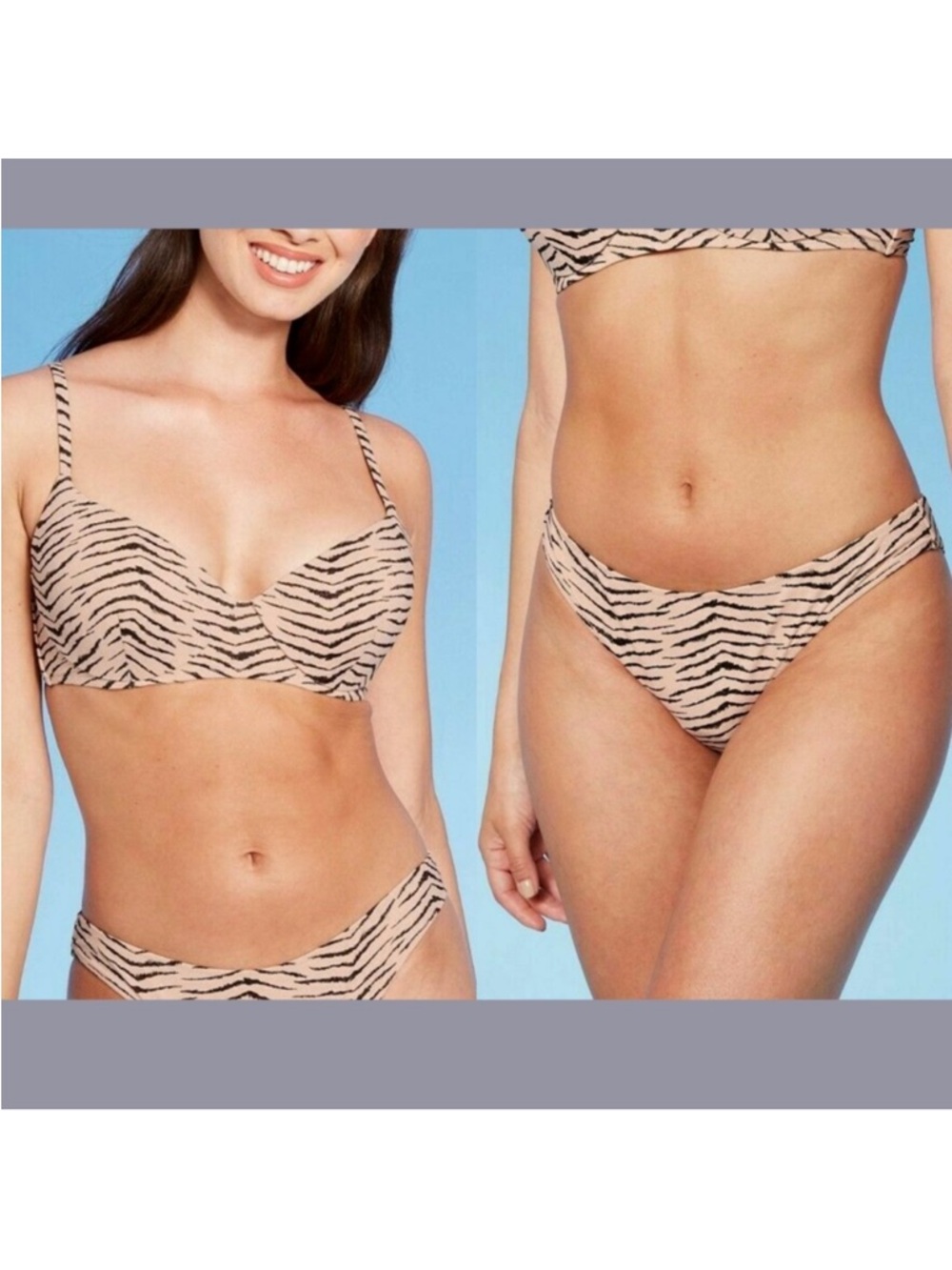 Shade & Shore Light Lift Bralette Tiger Stripe Nude & Black Bikini Set 34B/M